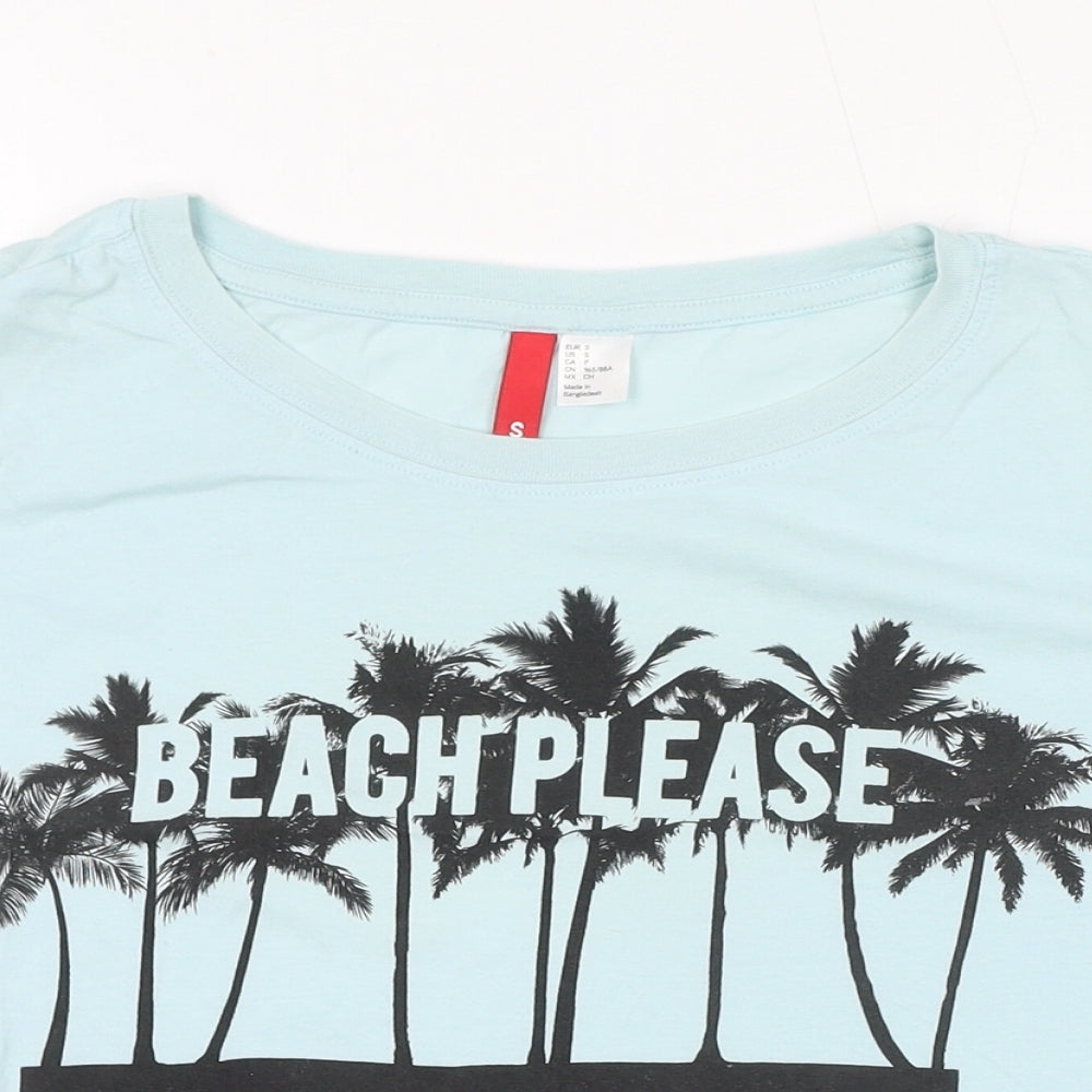 Divided by H&M Womens Blue Cotton Cropped T-Shirt Size S Round Neck - Beach Please