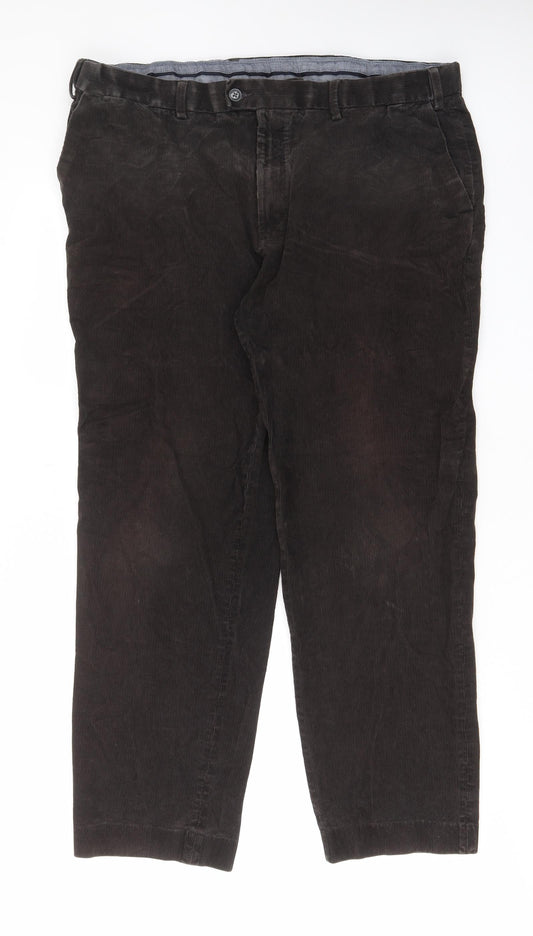 Marks and Spencer Mens Brown Cotton Trousers Size 42 in L33 in Regular Zip - Pockets, Belt Loops