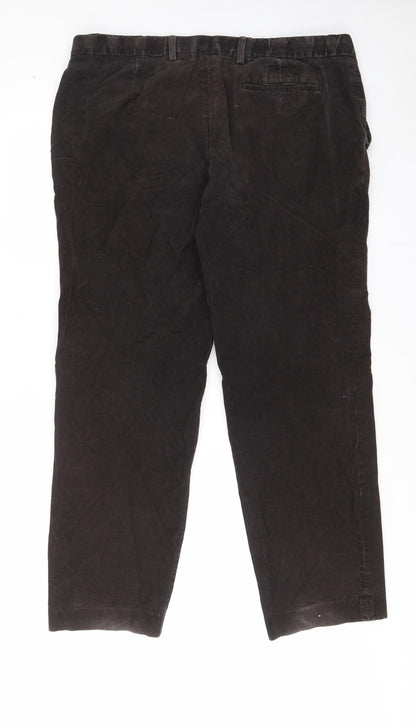 Marks and Spencer Mens Brown Cotton Trousers Size 42 in L33 in Regular Zip - Pockets, Belt Loops