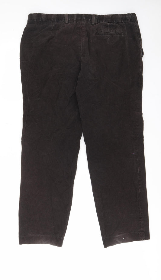 Marks and Spencer Mens Brown Cotton Trousers Size 42 in L33 in Regular Zip - Pockets, Belt Loops
