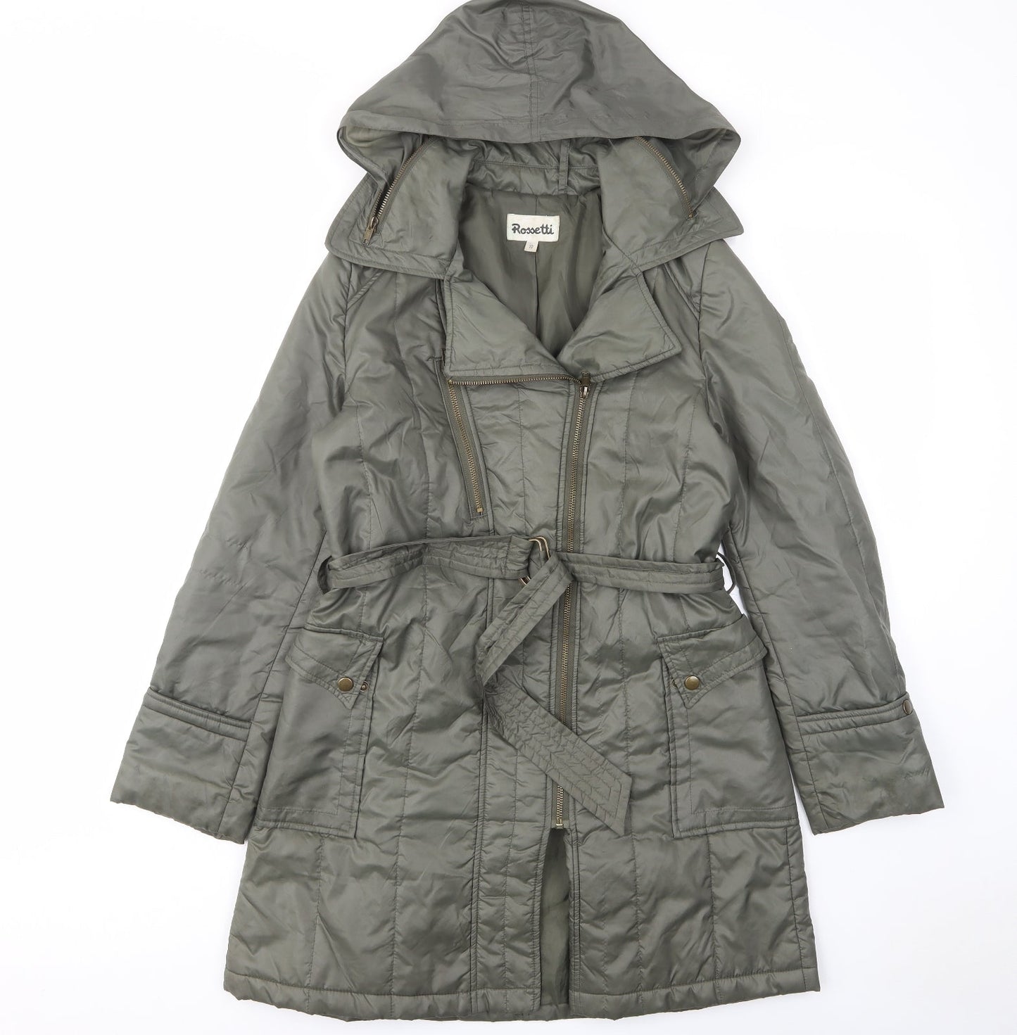 Rosseti Womens Green Quilted Coat Size 10 Zip - Zip Pockets, Belted