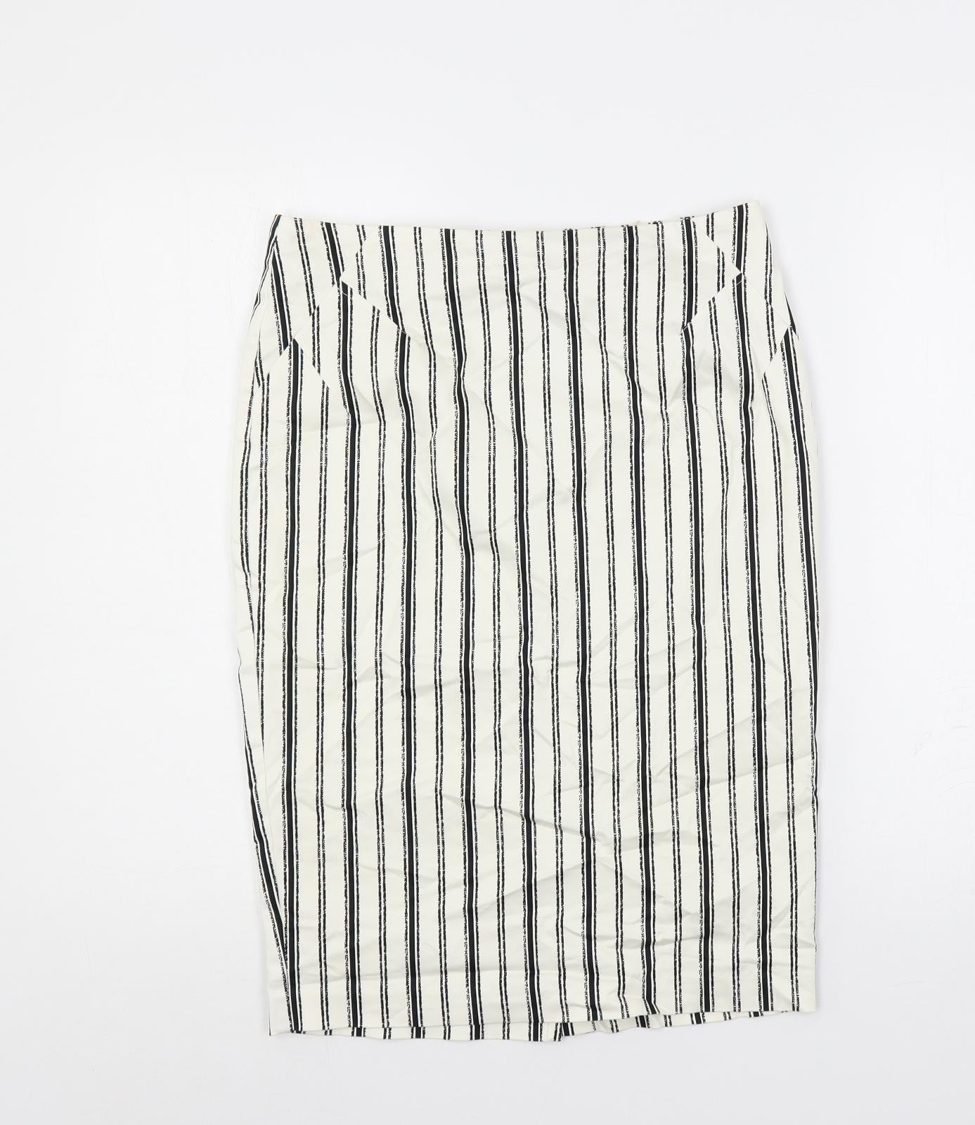 Marks and Spencer Womens White Striped Cotton Straight & Pencil Skirt Size 10 Zip