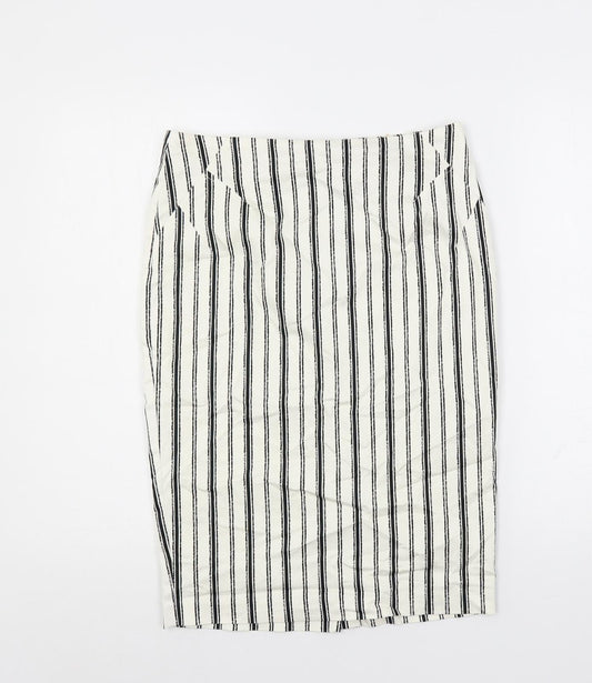 Marks and Spencer Womens White Striped Cotton Straight & Pencil Skirt Size 10 Zip