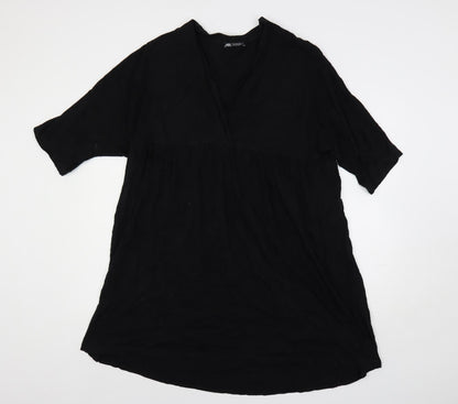 Zara Womens Black Cotton Trapeze & Swing Size M V-Neck Pullover