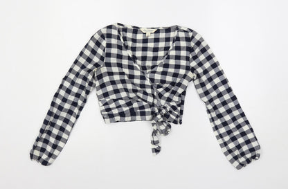 Miss Selfridge Womens Blue Check Cotton Cropped Blouse Size 4 V-Neck - Tie Front Detail