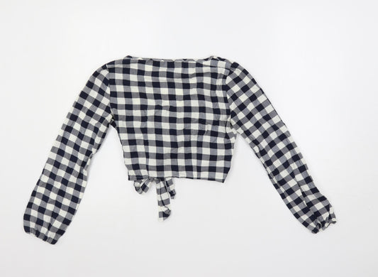 Miss Selfridge Womens Blue Check Cotton Cropped Blouse Size 4 V-Neck - Tie Front Detail