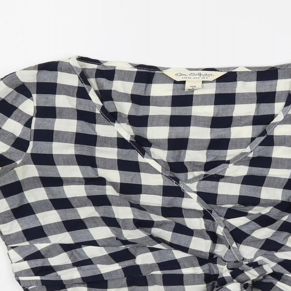 Miss Selfridge Womens Blue Check Cotton Cropped Blouse Size 4 V-Neck - Tie Front Detail