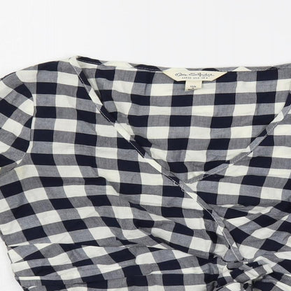 Miss Selfridge Womens Blue Check Cotton Cropped Blouse Size 4 V-Neck - Tie Front Detail