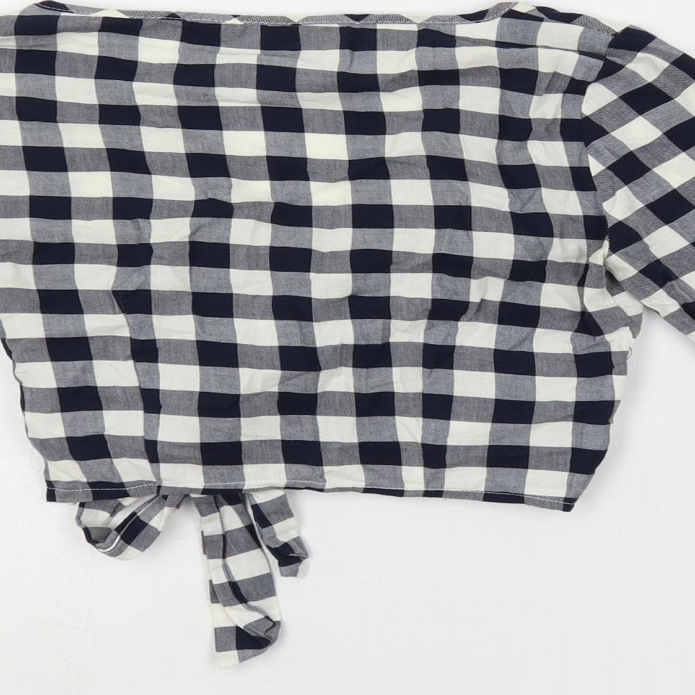 Miss Selfridge Womens Blue Check Cotton Cropped Blouse Size 4 V-Neck - Tie Front Detail