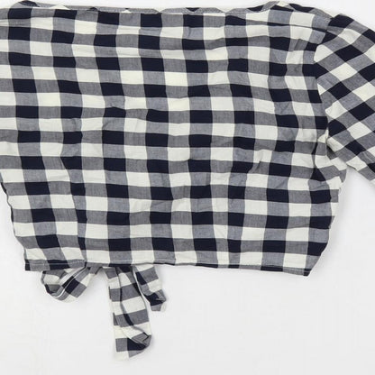 Miss Selfridge Womens Blue Check Cotton Cropped Blouse Size 4 V-Neck - Tie Front Detail