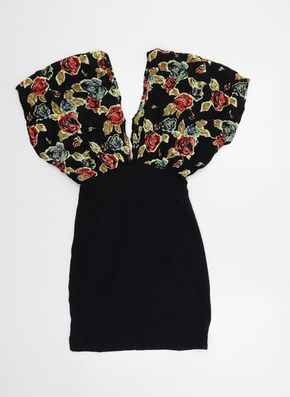 Motel Womens Black Floral Cotton Bodycon Size S V-Neck Pullover