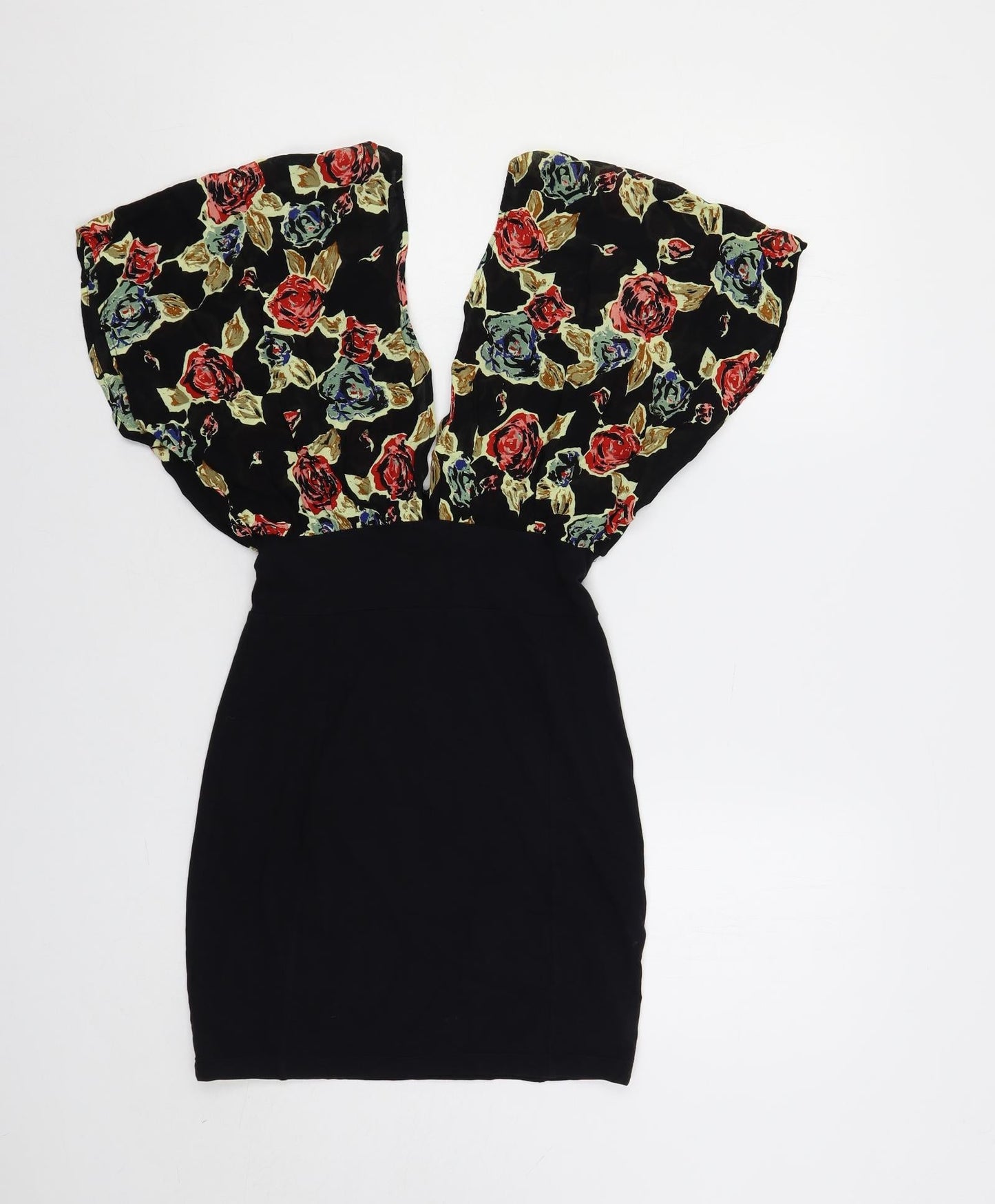 Motel Womens Black Floral Cotton Bodycon Size S V-Neck Pullover
