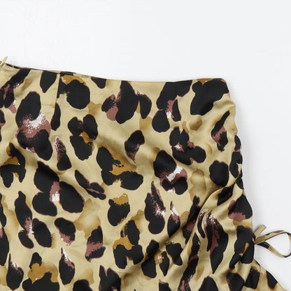 Missguided Womens Brown Animal Print Polyester A-Line Skirt Size 8 Zip - Ruched