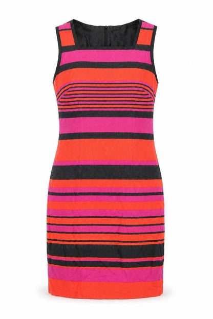 Marks and Spencer Womens Multicoloured Striped Linen Shift Size 12 Square Neck Zip