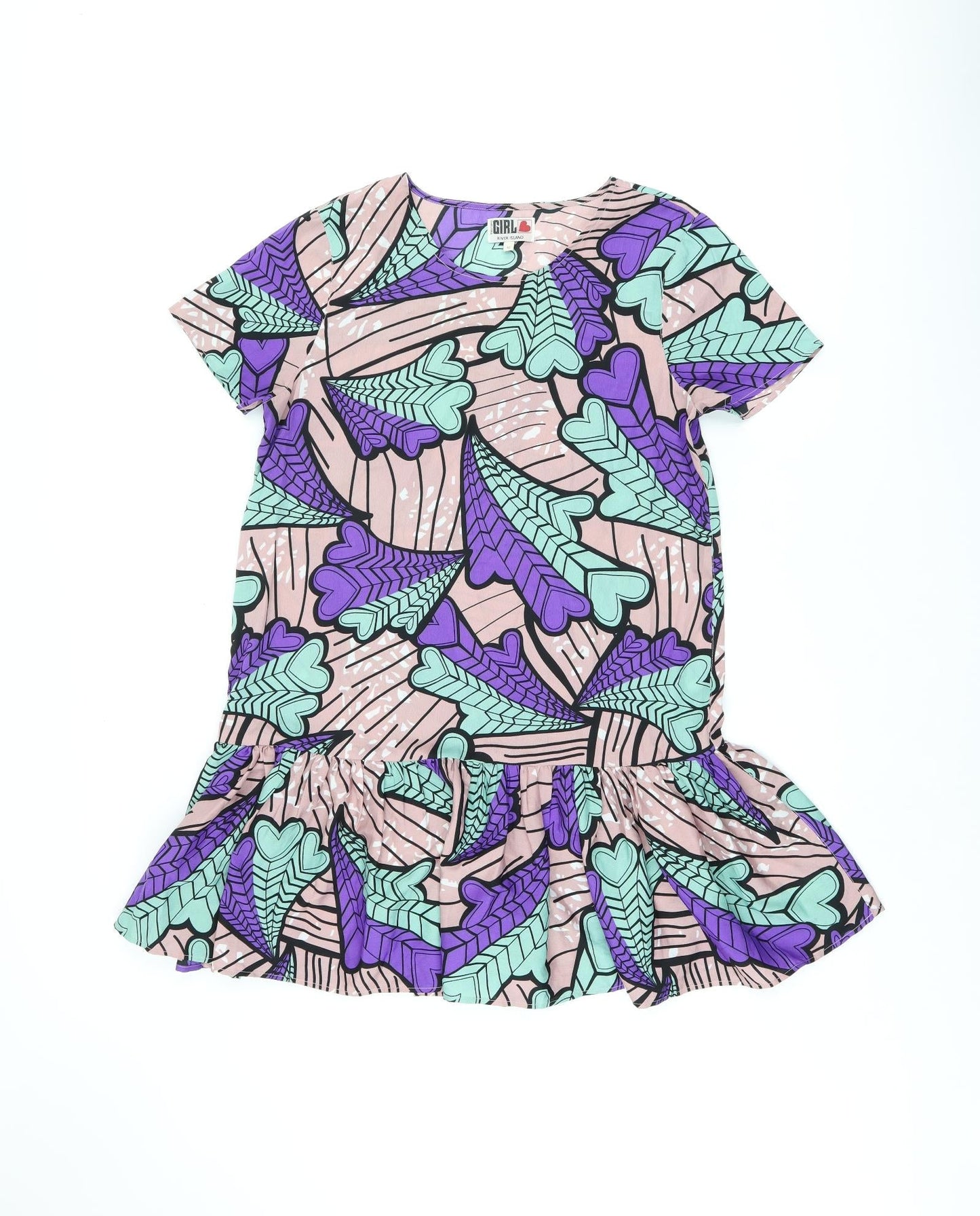 River Island Womens Pink Geometric Polyester A-Line Size 12 Boat Neck Pullover - Heart Print, Frill Detail