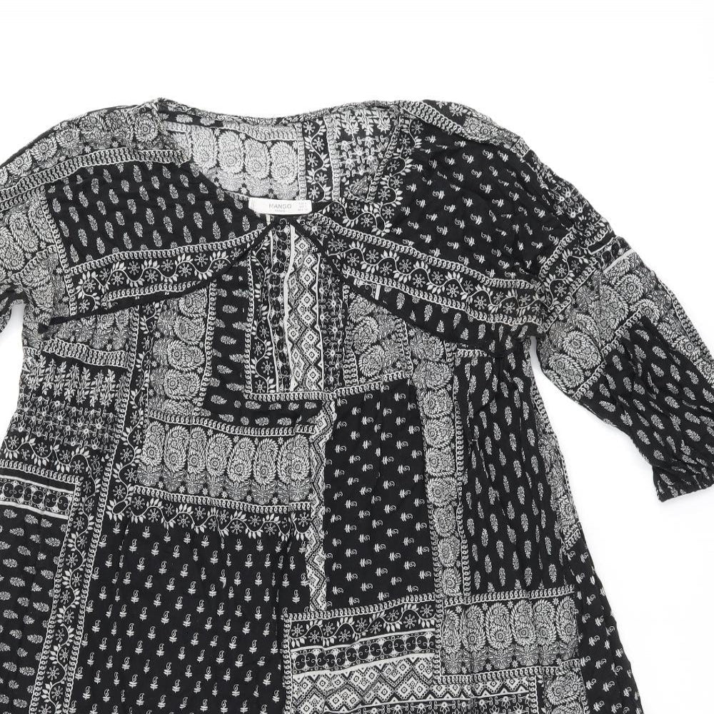Mango Womens Black Geometric Cotton A-Line Size S Boat Neck Pullover
