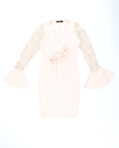 Edge Street Womens Pink Polyester Bodycon Size 8 V-Neck Pullover - Lace Sleeves