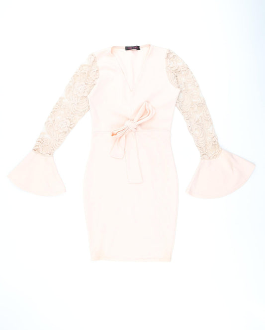 Edge Street Womens Pink Polyester Bodycon Size 8 V-Neck Pullover - Lace Sleeves