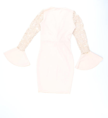 Edge Street Womens Pink Polyester Bodycon Size 8 V-Neck Pullover - Lace Sleeves