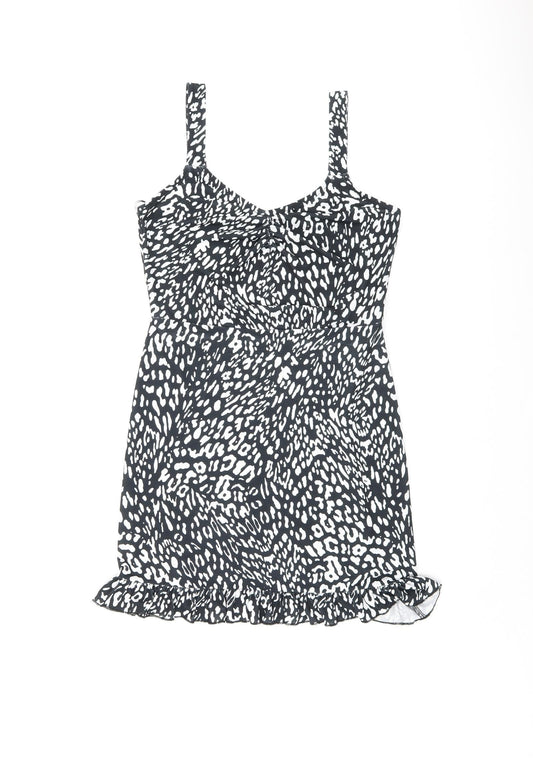 Miss Selfridge Womens Black Geometric Polyester Mini Size 8 V-Neck Pullover - Ruffles
