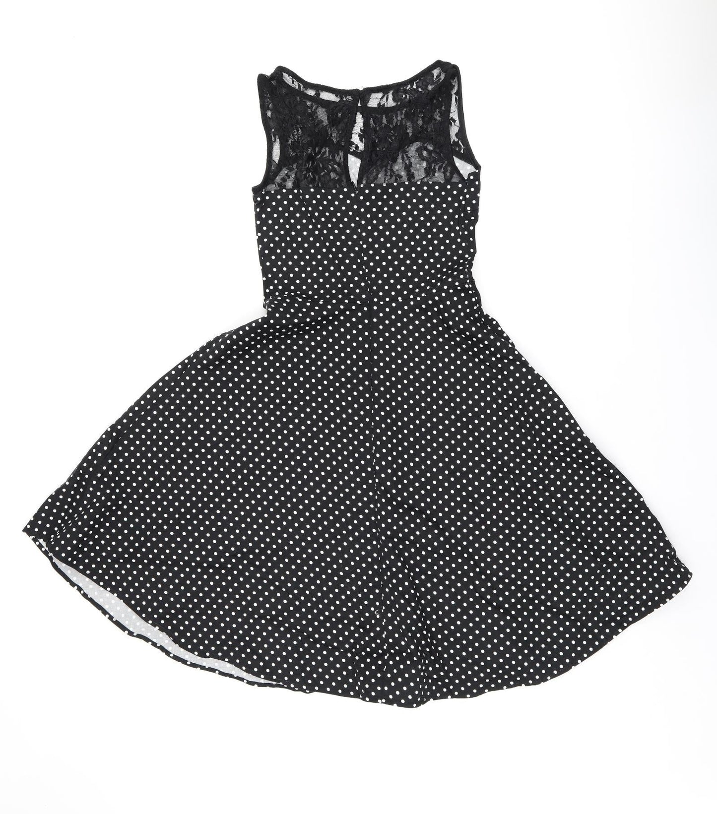 Bbonlinedress Womens Black Polka Dot Cotton Skater Dress Size XS Boat Neck Zip - Lace Neckline Detail