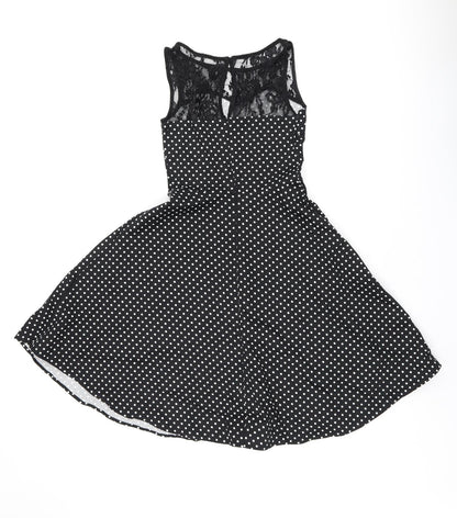 Bbonlinedress Womens Black Polka Dot Cotton Skater Dress Size XS Boat Neck Zip - Lace Neckline Detail