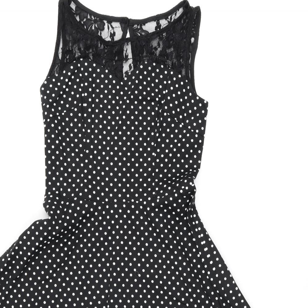 Bbonlinedress Womens Black Polka Dot Cotton Skater Dress Size XS Boat Neck Zip - Lace Neckline Detail
