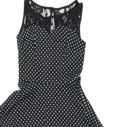 Bbonlinedress Womens Black Polka Dot Cotton Skater Dress Size XS Boat Neck Zip - Lace Neckline Detail