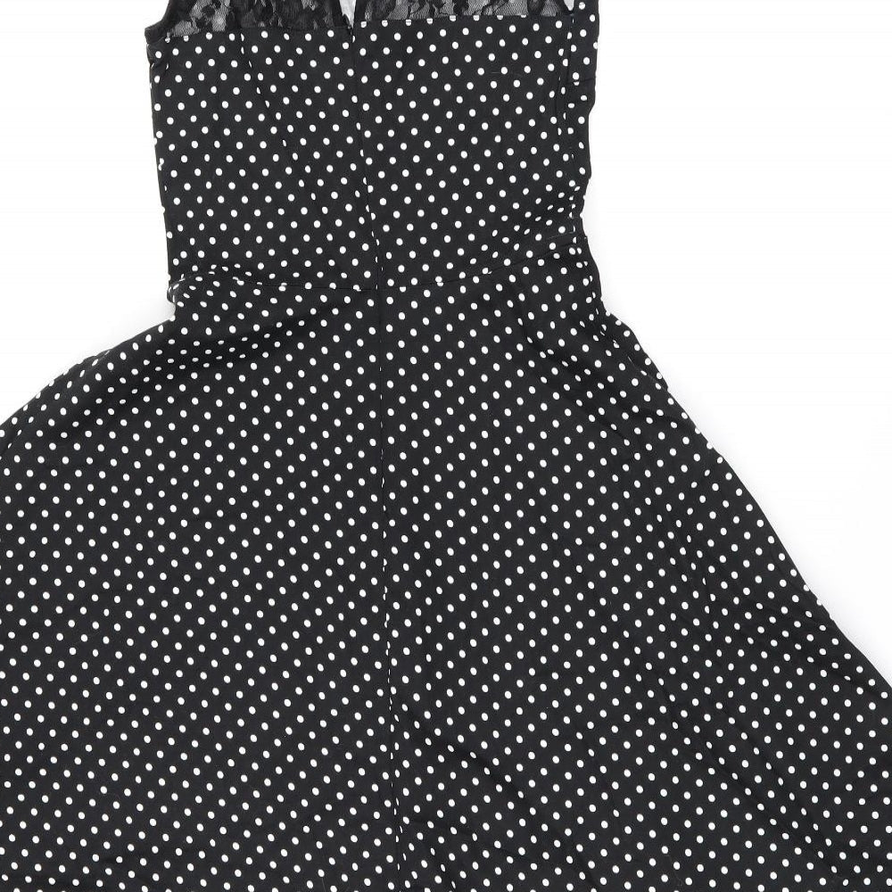 Bbonlinedress Womens Black Polka Dot Cotton Skater Dress Size XS Boat Neck Zip - Lace Neckline Detail