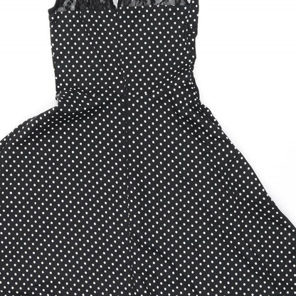 Bbonlinedress Womens Black Polka Dot Cotton Skater Dress Size XS Boat Neck Zip - Lace Neckline Detail