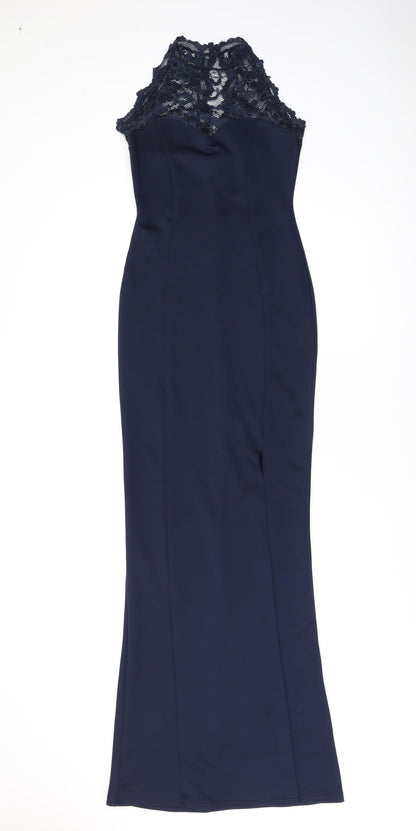 Jessica Womens Blue Nylon Maxi Size 8 Round Neck Pullover - Lace Neckline