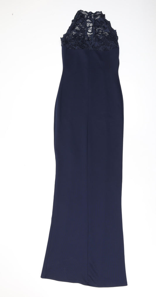 Jessica Womens Blue Nylon Maxi Size 8 Round Neck Pullover - Lace Neckline