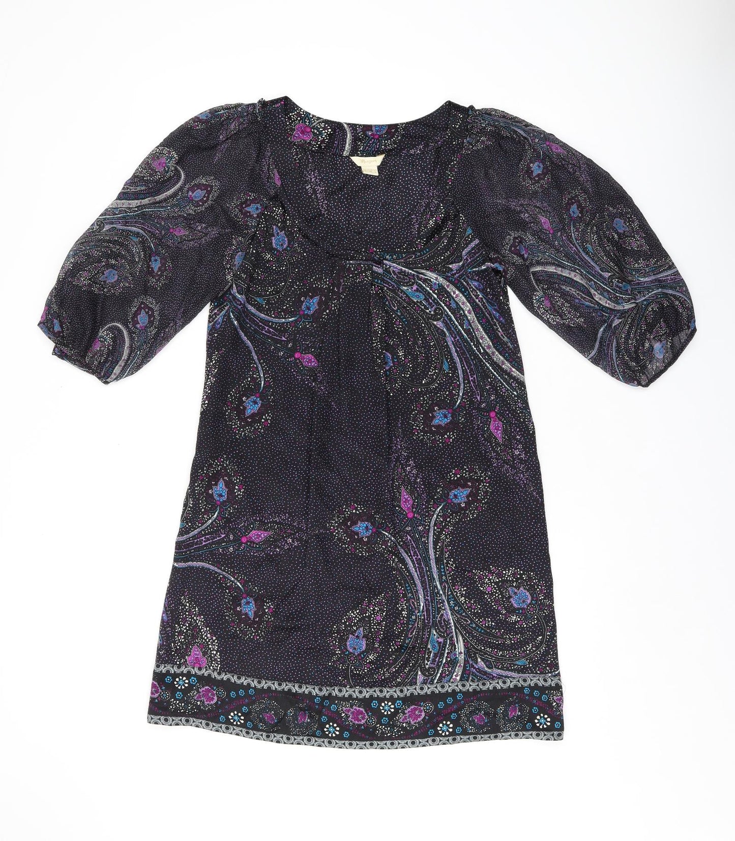 Monsoon Womens Black Geometric Silk A-Line Size 8 Scoop Neck Pullover