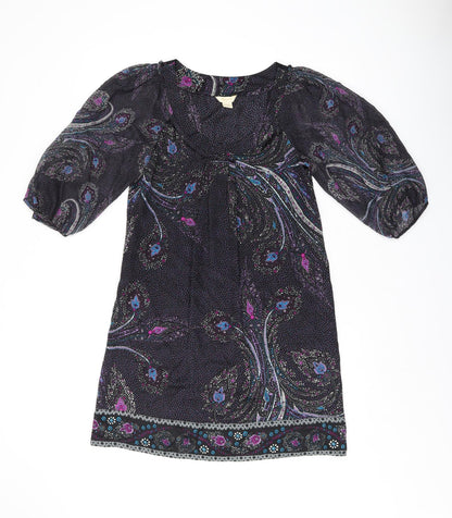 Monsoon Womens Black Geometric Silk A-Line Size 8 Scoop Neck Pullover