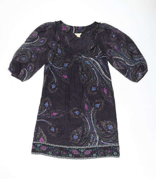 Monsoon Womens Black Geometric Silk A-Line Size 8 Scoop Neck Pullover