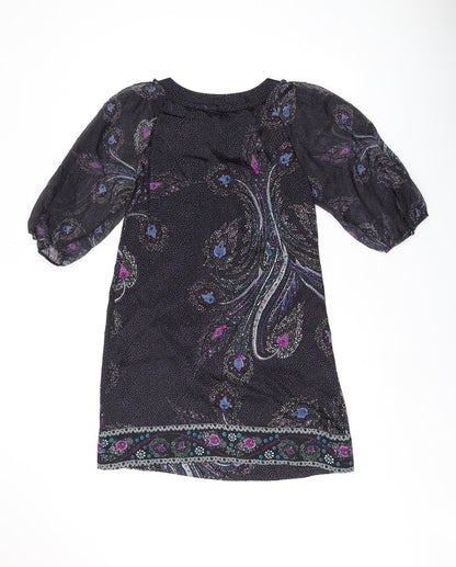 Monsoon Womens Black Geometric Silk A-Line Size 8 Scoop Neck Pullover