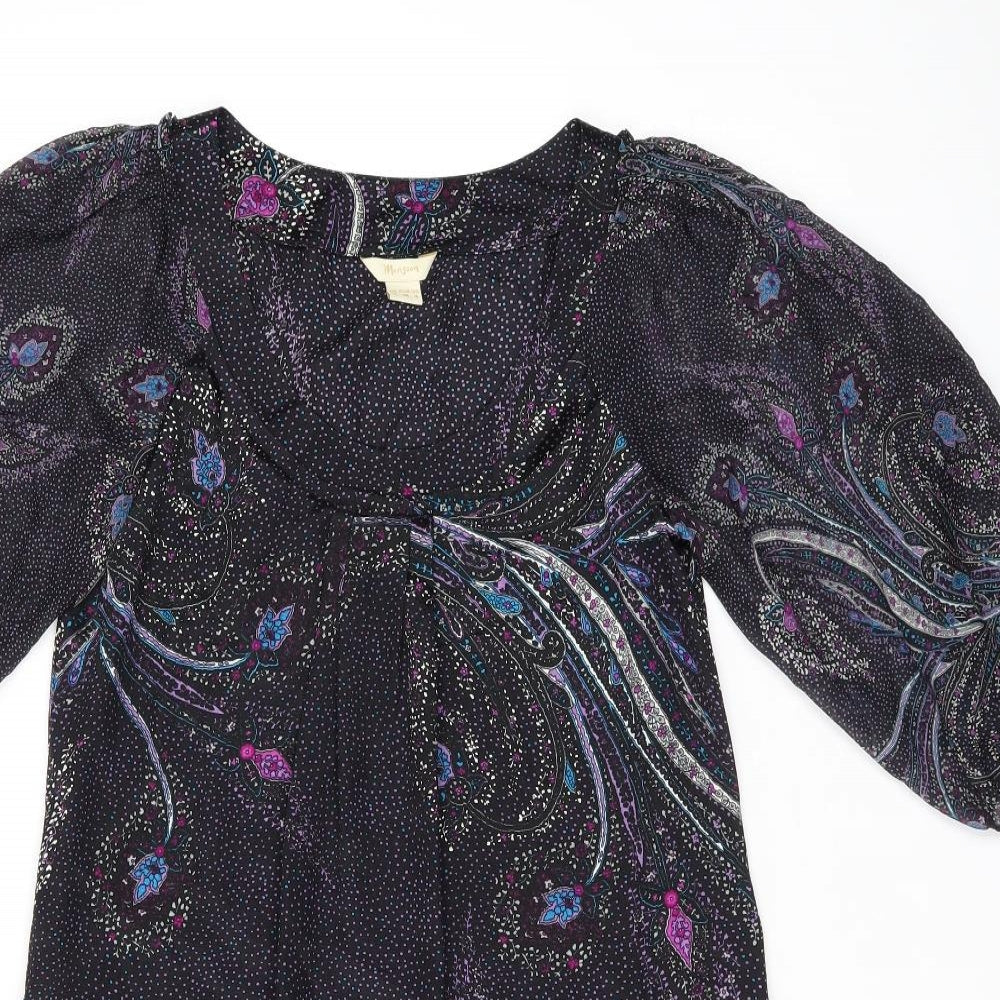 Monsoon Womens Black Geometric Silk A-Line Size 8 Scoop Neck Pullover