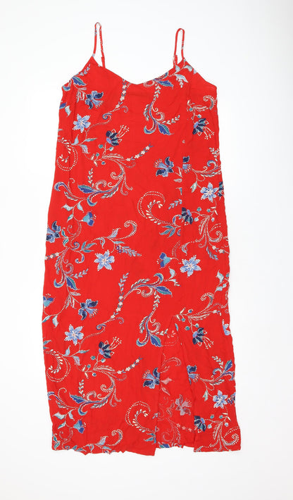 Marks and Spencer Womens Red Floral Viscose Tank Dress Size 10 V-Neck Pullover - Slit