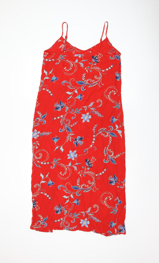 Marks and Spencer Womens Red Floral Viscose Tank Dress Size 10 V-Neck Pullover - Slit