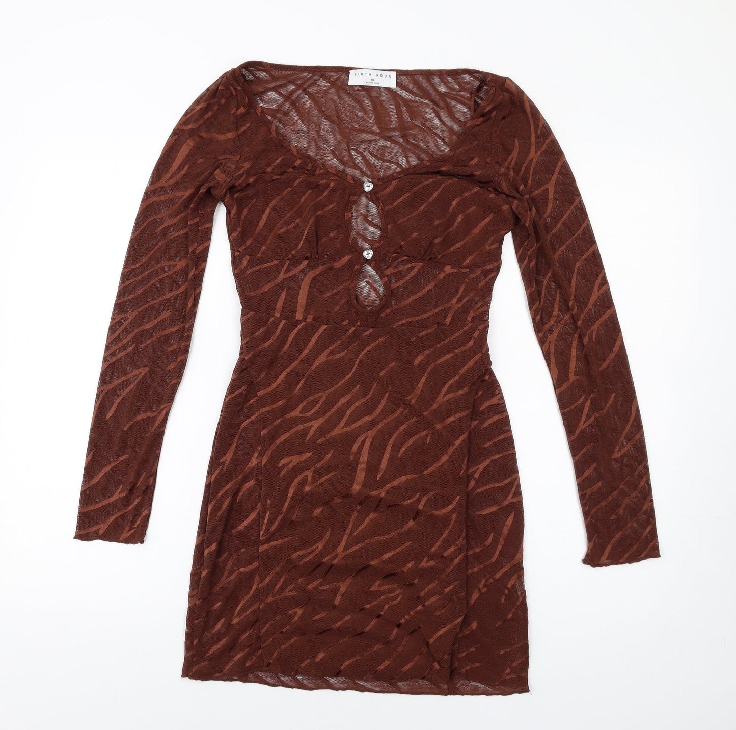 EI8TH HOUR Womens Brown Geometric Polyester Bodycon Size 10 Scoop Neck Pullover