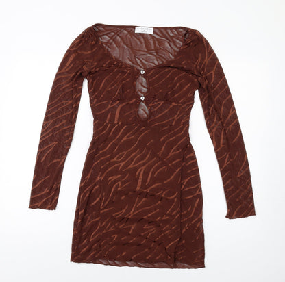 EI8TH HOUR Womens Brown Geometric Polyester Bodycon Size 10 Scoop Neck Pullover