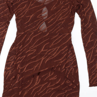 EI8TH HOUR Womens Brown Geometric Polyester Bodycon Size 10 Scoop Neck Pullover