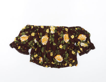 Miss Selfridge Womens Brown Floral Viscose Basic T-Shirt Size 10 Off the Shoulder