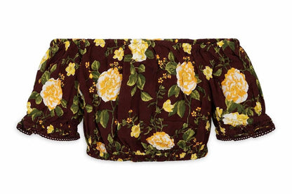 Miss Selfridge Womens Brown Floral Viscose Basic T-Shirt Size 10 Off the Shoulder