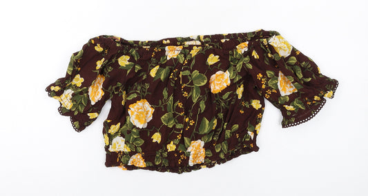 Miss Selfridge Womens Brown Floral Viscose Basic T-Shirt Size 10 Off the Shoulder