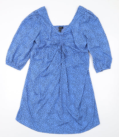 New Look Womens Blue Polka Dot Polyester A-Line Size 14 V-Neck Pullover