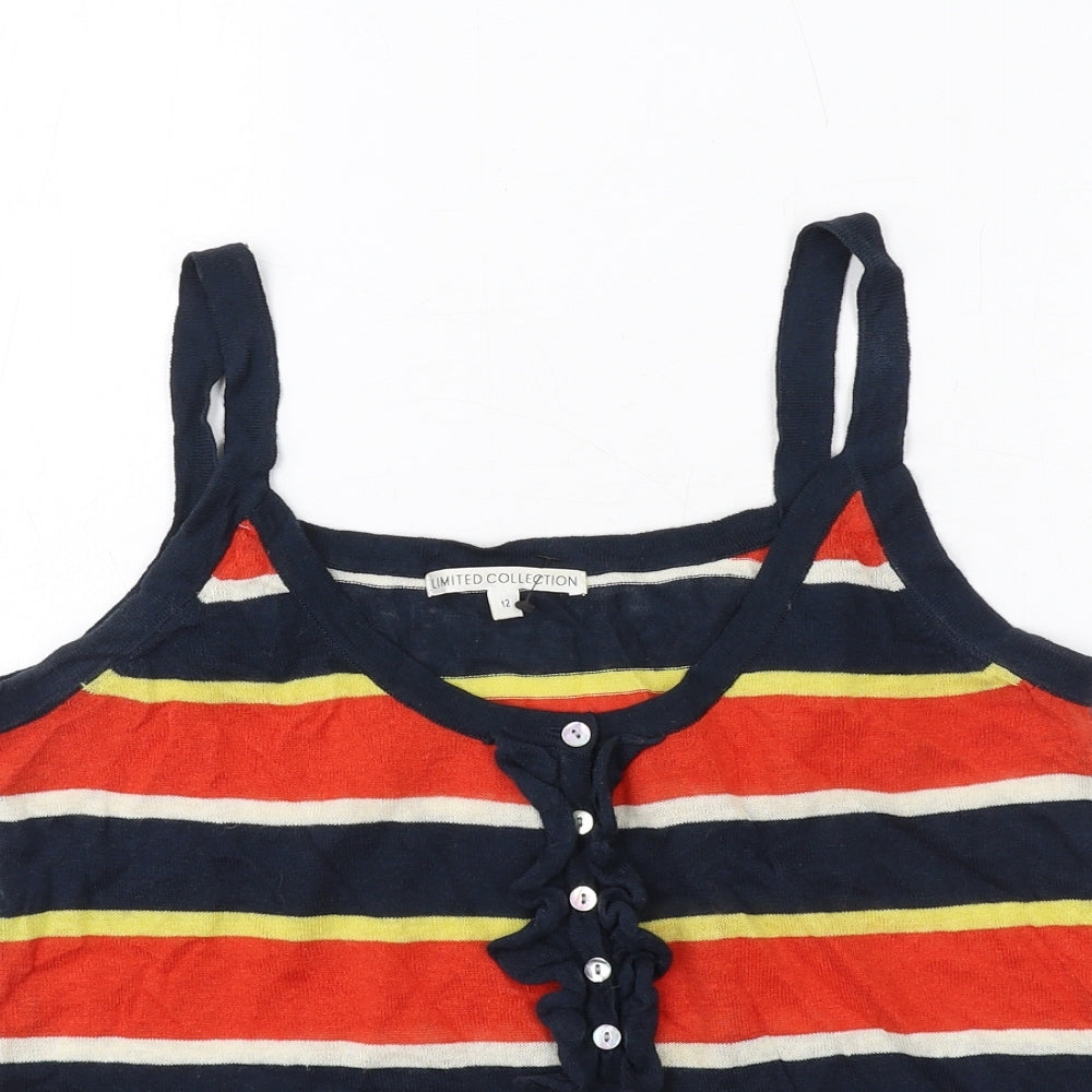 Marks and Spencer Womens Multicoloured Striped Linen Basic Tank Size 12 Round Neck