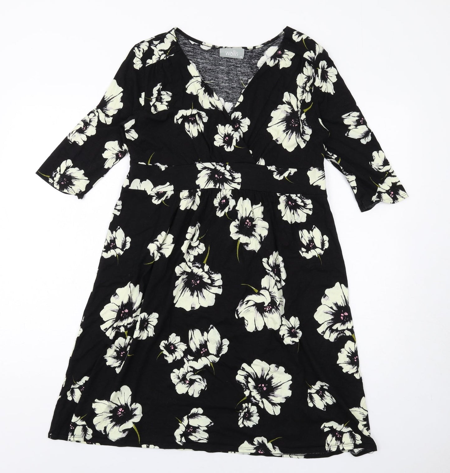 Wallis Womens Black Floral Viscose A-Line Size 14 V-Neck Pullover
