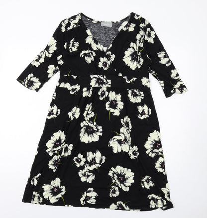 Wallis Womens Black Floral Viscose A-Line Size 14 V-Neck Pullover