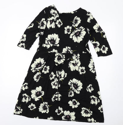 Wallis Womens Black Floral Viscose A-Line Size 14 V-Neck Pullover